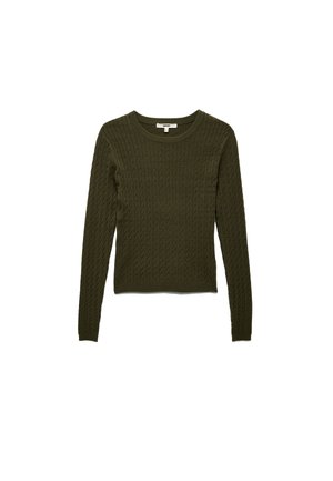 Jersey de punto trenzado verde oliva con mangas largas y cuello acanalado, que presenta un patrón texturizado en toda su superficie y una silueta ceñida.