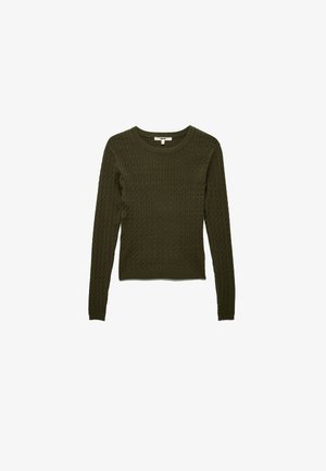 Jersey de punto trenzado verde oliva con mangas largas y cuello acanalado, que presenta un patrón texturizado en toda su superficie y una silueta ceñida.