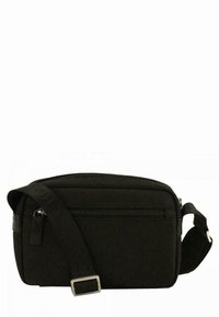 Bolso de hombro de tela negra con correa ajustable, compartimentos con cremallera, forma rectangular y superficie texturizada. Presenta un diseño simple.