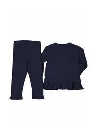 Marinblå bomullsoutfit bestående av en långärmad topp med volangkant och leggings med volangmanschetter, båda i en mjuk, slät textur.