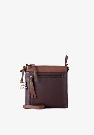 Brown leather crossbody bag with textured finish, contrasting light brown accents, front zipper pocket, and decorative charm. Adjustable strap.