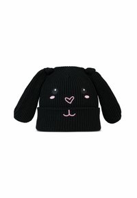 Black knit hat with ribbed texture, featuring a bunny design, pink accents on the cheeks and nose, and floppy ears on top.
