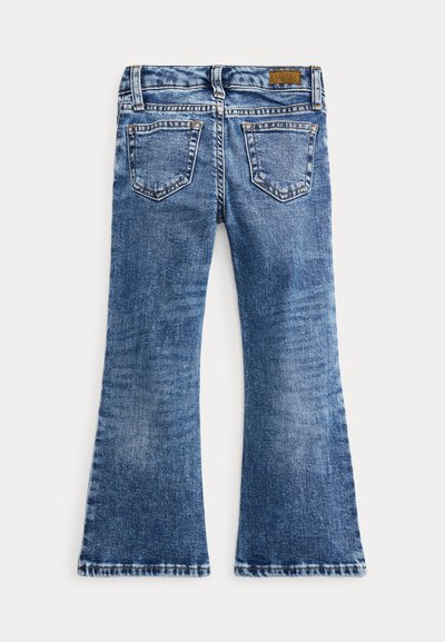 Modre flare jeans iz denima z zbledelim videzom, pet-imenskim dizajnom, vidno šivanje in blagovno znamko na pasu.