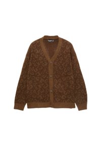 Brun stickad cardigan med leopardmönster, V-hals, långa ärmar och fem knappar framtill. Mjuk textur.