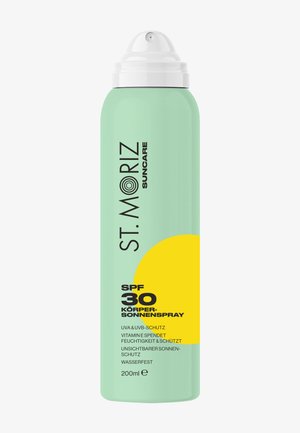 Hohe grüne Sprühflasche St. Moriz SPF 30 Körpersonnenspray mit weißem Deckel und gelber Sonnengrafik, 200 ml Inhalt.