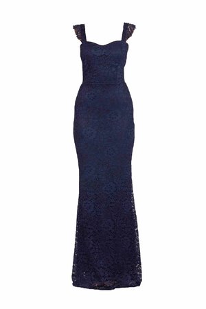 Abito in pizzo blu navy con corpino aderente, motivo floreale e delicate spalline, caratterizzato da una lunga gonna svasata.