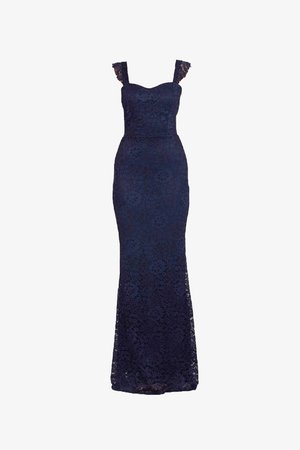 Navy blue lace dress with fitted bodice, floral pattern, and delicate shoulder straps, featuring a long, flared skirt.