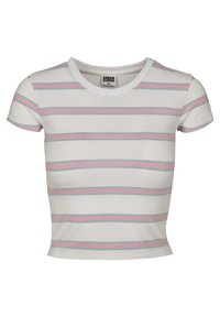 Kortærmet cropped t-shirt i hvid med horisontale striber i lys pink og blå. Har en rund hals og tætsiddende design.