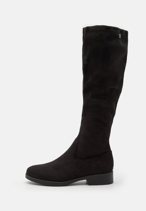 Black knee-high boots made of soft suede, featuring a rounded toe and a low block heel. The design is sleek with minimal hardware.