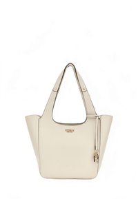 Cremefarbener Leder-Shopper mit geschwungener Form, glatter Oberfläche, doppelten Griffen und einem goldenen Logo. Verfügt über ein Reißverschlussdetail an einem seitlichen Riemen.