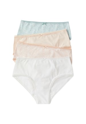 Vier damesonderbroeken in wit, lichtroze, beige en lichtblauw met kleine strikjes middenvoor in de tailleband.