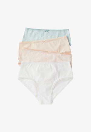Cuatro braguitas de mujer en blanco, rosa claro, beige y azul claro con pequeños lazos en la parte central delantera de la cintura.