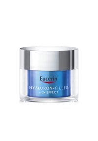 Transparent jar with a round shape. Blue inner container, silver lid, and white text reading "Hyaluron-Filler + 3x Effect".