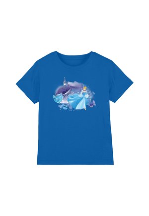 Blue cotton T-shirt featuring a graphic design of a character in a light blue dress, alongside a clock tower and whimsical elements.