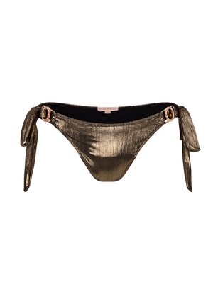 Metallisch bronzefarbenes Bikiniunterteil mit geripptem Muster, seitlichen Bindebändern und verzierten Hardware-Details. Bietet eine verstellbare Passform für zusätzlichen Komfort.