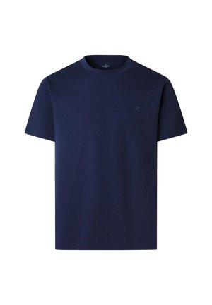 Camiseta de algodón azul marino con mangas cortas y cuello redondo. Pequeño logo bordado en el pecho. Textura suave, diseño sencillo.