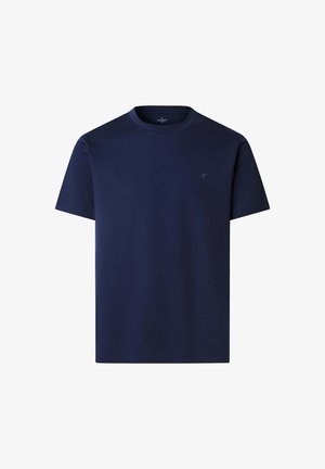 Granatowy bawełniany T-shirt z krótkimi rękawami i okrągłym dekoltem. Małe haftowane logo na piersi. Gładka faktura, prosty design.