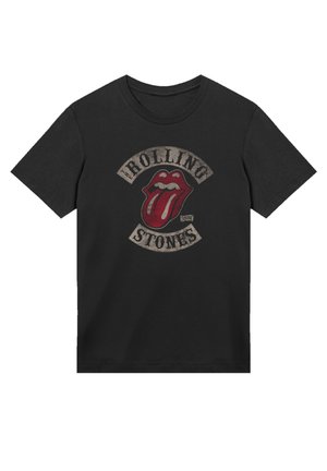 Camiseta de algodón negra con un gráfico desgastado del logo de los Rolling Stones, con labios rojos y un diseño de lengua, y tipografía vintage.