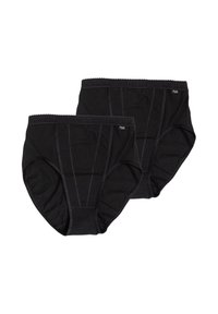 Slip in cotone nero, caratterizzati da una texture liscia, design a vita alta, cuciture a contrasto e bordo ondulato lungo l'elastico in vita.