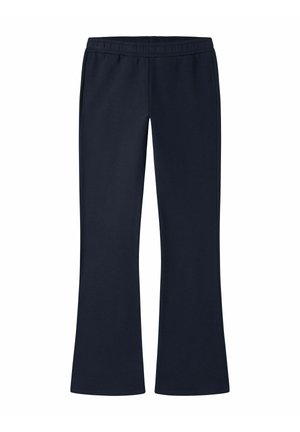 Pantalon droit bleu marine avec taille élastique, sans poches visibles ni embellissements, présenté sur fond blanc.