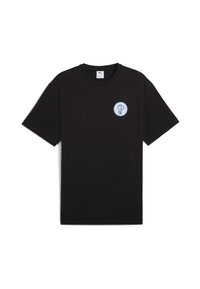 Sort bomulds T-shirt med korte ærmer, rund hals og et rundt blåt logo på venstre brystområde. Glat tekstur og afslappet pasform.