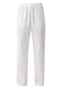 Des pantalons en lin blancs présentent une taille élastique avec un cordon de serrage et deux poches avant, offrant une coupe décontractée et un design léger.