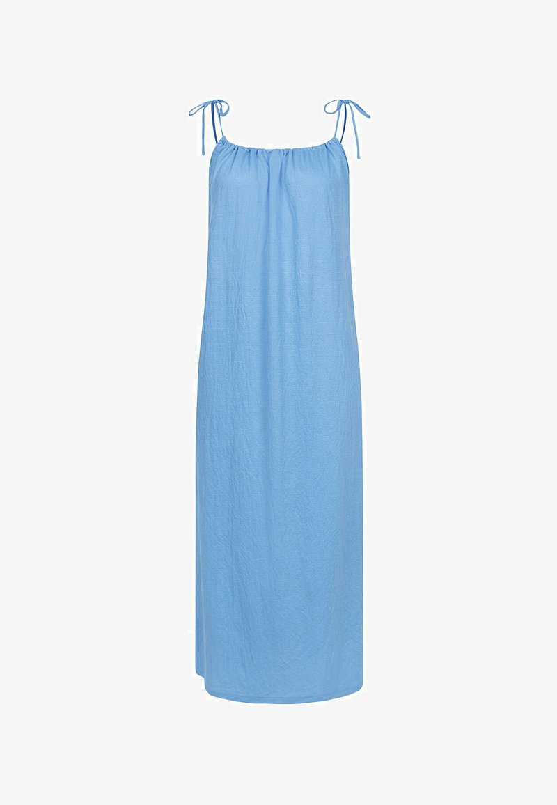 Hellblaues, ärmelloses Maxikleid aus weichem Stoff. Verfügt über verstellbare Bänder an den Schultern und eine lockere, fließende Silhouette.