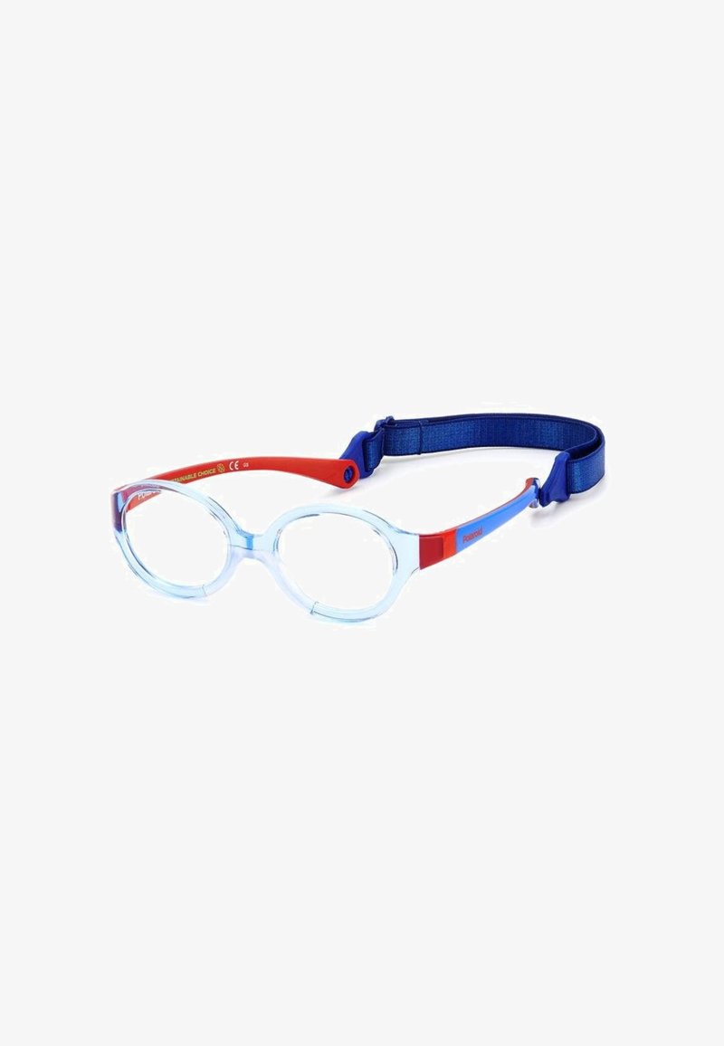 Lunettes de natation transparentes avec verres ovales, sangles rouge et bleue, bandeau réglable et design protecteur pour un ajustement sûr et confortable.