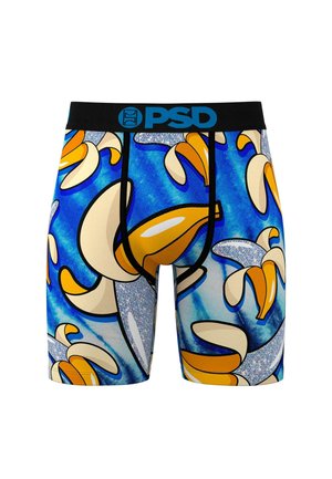 Zili bokseri ar spilgtu banānu rakstu, ar melnu jostu un zilu logotipu, izgatavoti no elastīgas, mīkstas auduma.