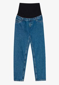 Blaue Jeans aus Denim mit einem breiten schwarzen Bund. Verfügt über ein klassisches Fünf-Taschen-Design und einen geraden Schnitt, mit strukturiertem und leicht ausgebleichtem Stoff.
