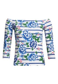 Schulterfreies Oberteil mit drei Viertelärmeln, das einen weißen Hintergrund, blaue Rosen und blaue Streifen aufweist, gefertigt aus einem dehnbaren Stoff.