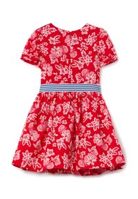 Rode bloemenjurk met korte mouwen, geplooide rok en een blauw-wit gestreepte tailleband. Heeft rozige bloemenpatronen door het hele ontwerp.