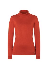 Rode coltrui van zachte, gebreide stof. Voorzien van lange mouwen en een aansluitende pasvorm met geribbelde manchetten en kraag.