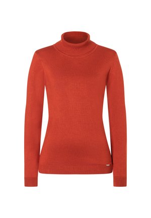 Roter Rollkragenpullover aus weichem Strickstoff. Verfügt über lange Ärmel und eine figurbetonte Silhouette mit gerippten Bündchen und Kragen.