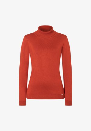 Rode coltrui van zachte, gebreide stof. Voorzien van lange mouwen en een aansluitende pasvorm met geribbelde manchetten en kraag.