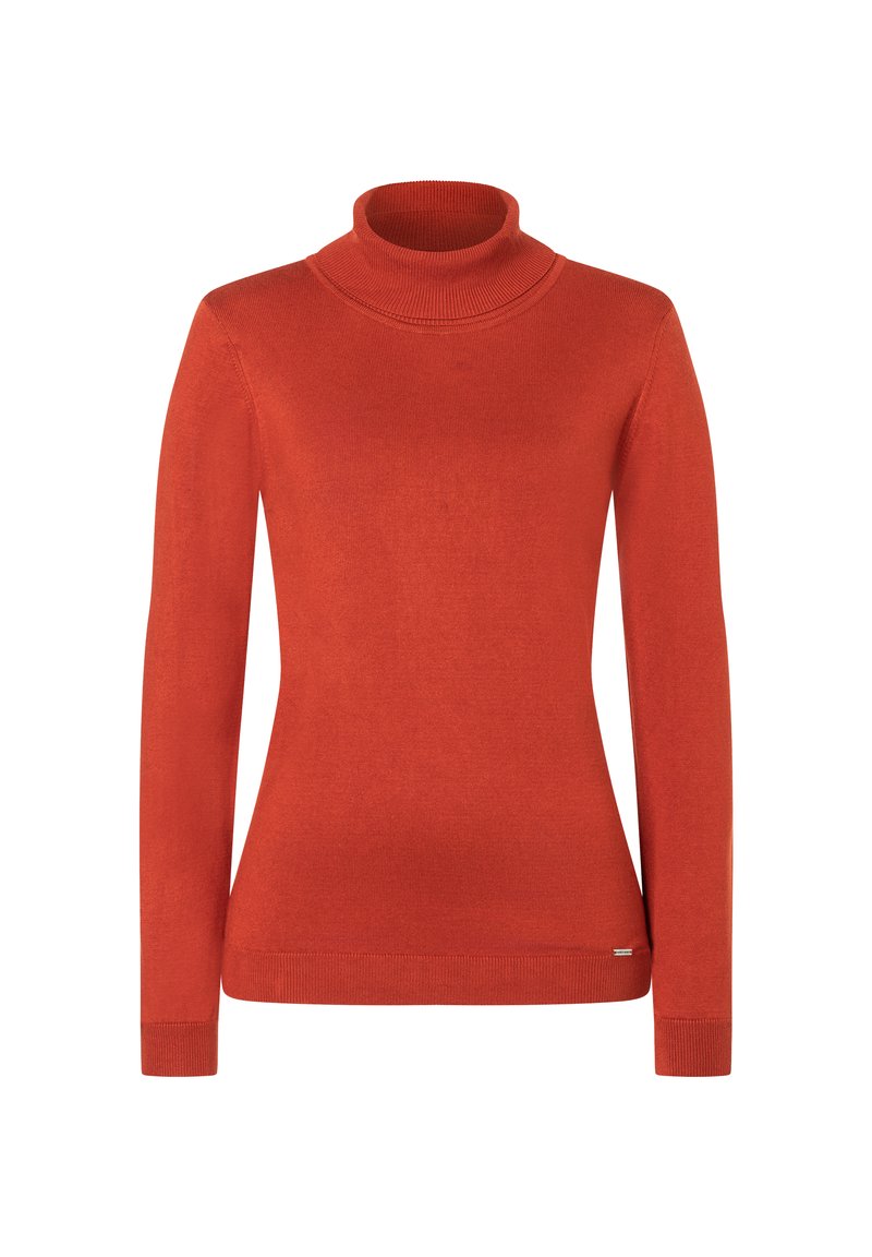Rode coltrui van zachte, gebreide stof. Voorzien van lange mouwen en een aansluitende pasvorm met geribbelde manchetten en kraag.