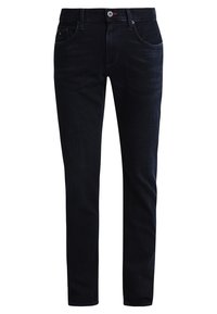 Dunkelblaue Jeans aus Denim mit geradem Bein, fünf Taschen und einem Metallknopfverschluss. Subtile Textur und klassische Nähdetails.