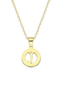 Gouden ketting met een ronde hanger waarop een gestileerde uitsnede van de letter "J" te zien is. De ketting bestaat uit aan elkaar verbonden ovale schakels. Gladde afwerking.