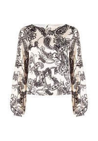 Top a stampa paisley bianco e nero con maniche lunghe, scollatura tondeggiante e orlo leggermente accorciato, realizzato in tessuto morbido.