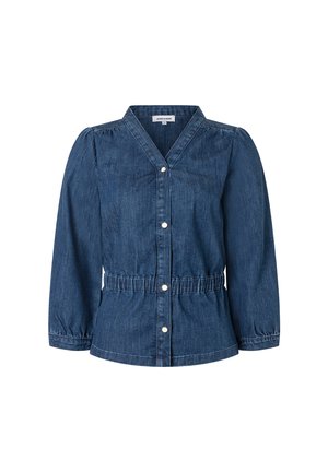 Dunkelblaue Jeansjacke mit V-Ausschnitt, Knopfverschluss, gerafften Ärmeln und elastischem Bund für eine figurbetonte Silhouette.