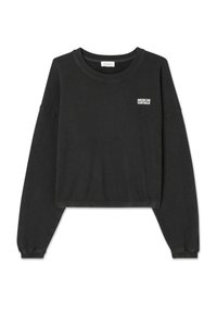 Black cropped sweatshirt with long sleeves, ribbed cuffs, and a crew neckline. Features a small white logo on the chest and soft texture.