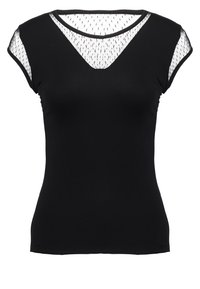 Camiseta negra con un diseño ajustado, mangas cortas y un panel de malla transparente en el escote. Textura suave con una forma clásica.