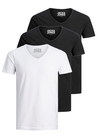 Drei V-Ausschnitt-T-Shirts in Schwarz und Weiß, aus Baumwolle gefertigt, mit kurzen Ärmeln und einer glatten Textur. Das Markenlogo ist im Halsbereich sichtbar.
