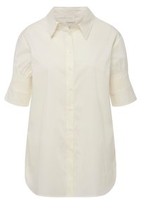 Beige Knopfhemd mit klassischem Kragen, kurzen Puffärmeln mit Raffung und abgerundetem Saum.