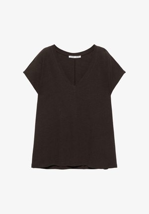 Tricou negru cu mâneci scurte și decolteu în V, cu croială lejeră și design simplu, pe un fundal alb.