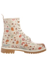 Lace-up boots with a cream background, featuring a colorful leaf and mushroom print. Rubber sole with a rounded toe, textured leather upper.
