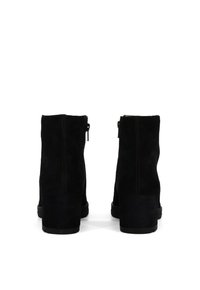 Stivaletti neri in suede con una texture liscia, dotati di un alto tacco a blocco e una chiusura con cerniera laterale.