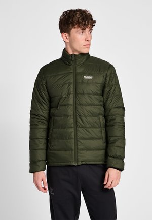 Donkergroene pufferjas met een hoge kraag, doorgestikt ontwerp, ritssluiting en klein logo op de borst. Draagt over een zwarte broek.