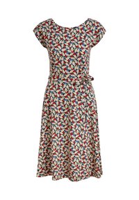 Šaty s květinovým potiskem, krátkými rukávy, kulatým výstřihem, detailem na zavazování v pase a sukní ke kolenům v červené, modré, zelené a krémové barvě.