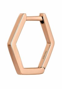 Anillo metálico hexagonal en color rosa dorado, con una superficie suave y pulida y un acento plateado contrastante a lo largo de los bordes.